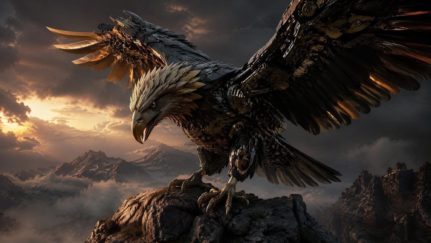 A Hollywood-level animated mechanical eagle landing on a cliff at dusk
