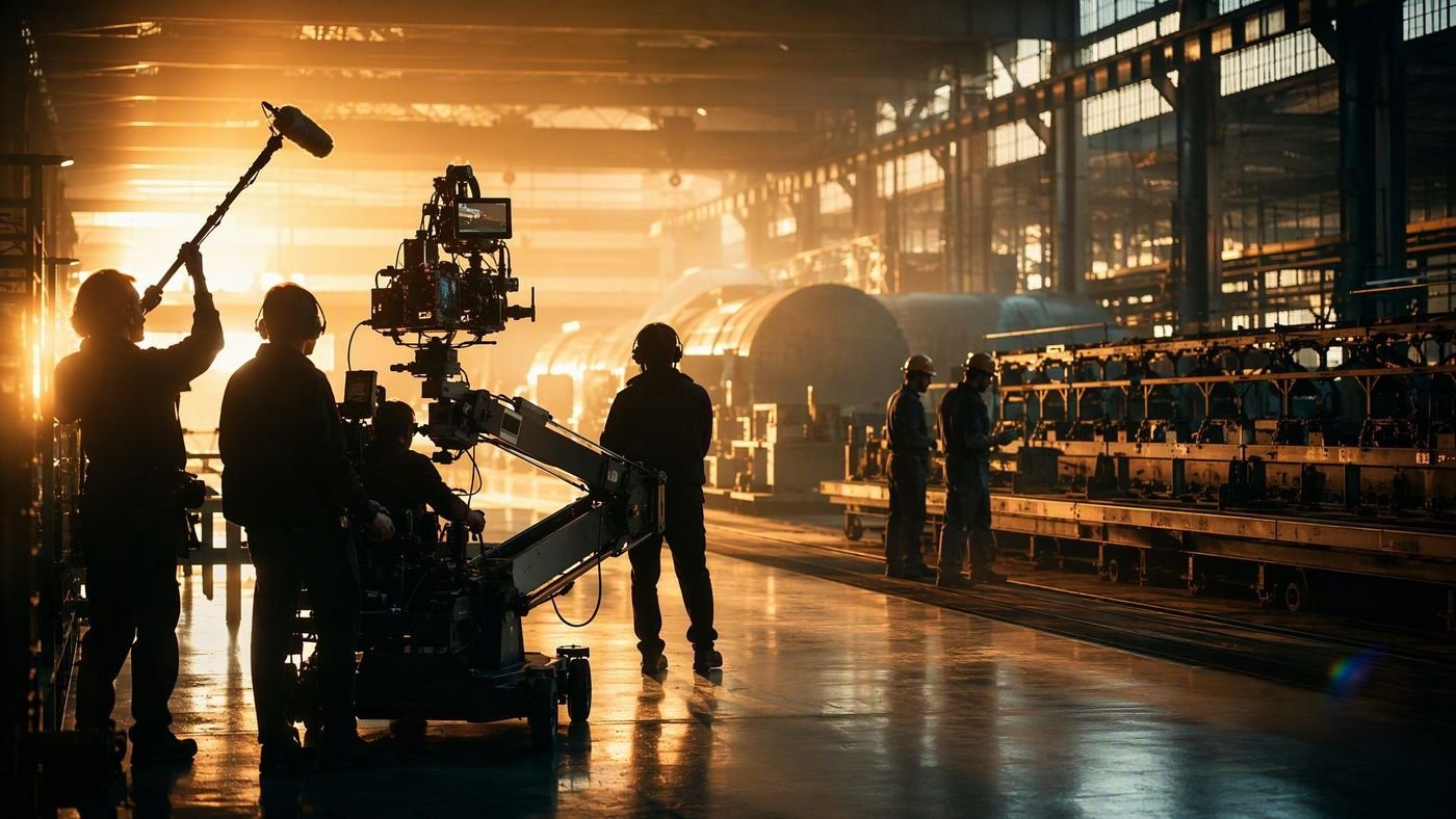 A film crew capturing a cinematic corporate story inside a vast facility
