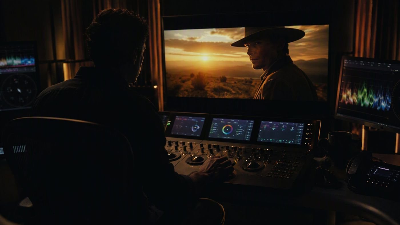 A colorist grading a cinematic frame in a dark grading suite
